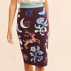 Anthropologie Knit Sweater Skirt S Brown Forest Fairy Animals Deer Whimsical